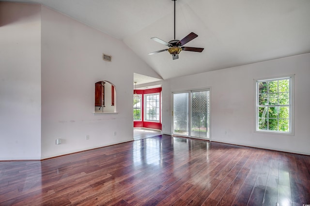 638 Hatteras River Rd, Myrtle Beach, SC 29588 - unfurnished room with a ceiling fan, wood finished floors, baseboards, and high vaulted ceiling