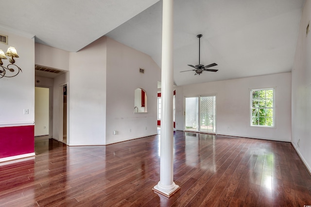 638 Hatteras River Rd, Myrtle Beach, SC 29588 - unfurnished living room with a ceiling fan, wood finished floors, high vaulted ceiling, and baseboards