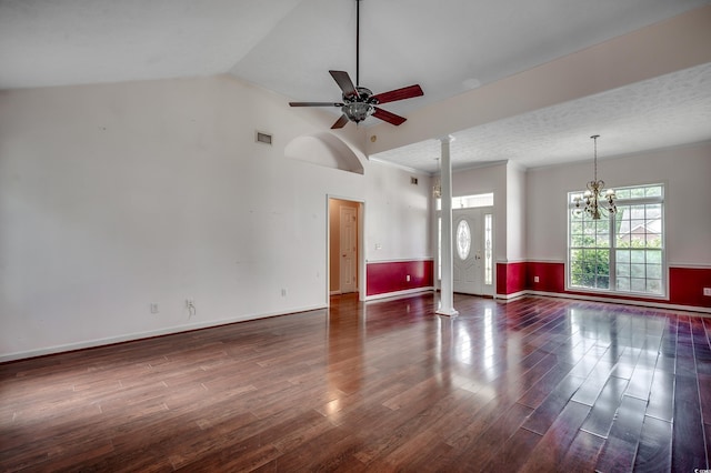 638 Hatteras River Rd, Myrtle Beach, SC 29588 - unfurnished living room featuring a ceiling fan, dark wood-style floors, a chandelier, lofted ceiling, and baseboards