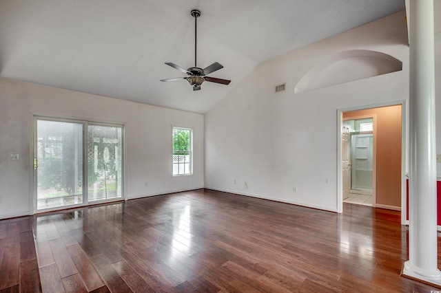 638 Hatteras River Rd, Myrtle Beach, SC 29588 - unfurnished room featuring a ceiling fan, wood finished floors, ornate columns, high vaulted ceiling, and baseboards