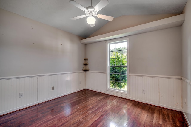 638 Hatteras River Rd, Myrtle Beach, SC 29588 - unfurnished room featuring hardwood / wood-style floors, a wainscoted wall, vaulted ceiling, and a ceiling fan