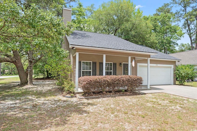 view of front of home with a garage, driveway, a shingled roof, covered porch, and a chimney