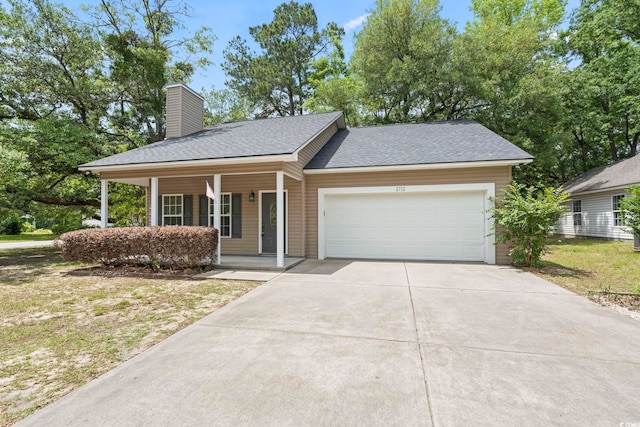 single story home featuring an attached garage, concrete driveway, covered porch, roof with shingles, and a chimney