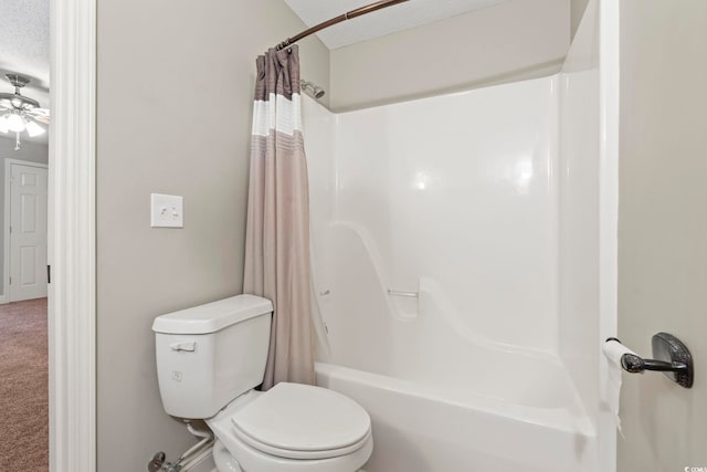 full bathroom with toilet, ceiling fan, shower / tub combo with curtain, and a textured ceiling