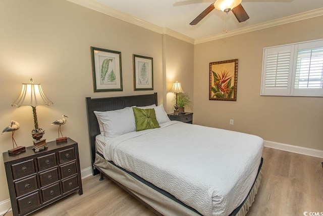 100 N Beach Blvd Unit 1902, North Myrtle Beach, SC 29582 - bedroom with light wood-type flooring, baseboards, crown molding, and a ceiling fan