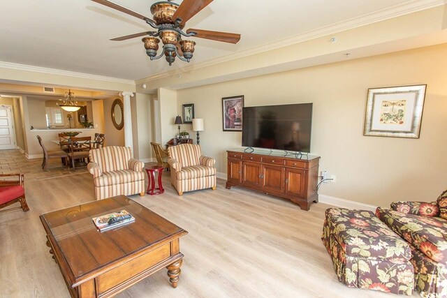 100 N Beach Blvd Unit 1902, North Myrtle Beach, SC 29582 - living room featuring ornamental molding, ceiling fan, light wood finished floors, and baseboards