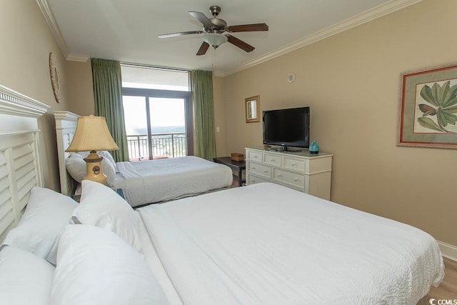 100 N Beach Blvd Unit 1902, North Myrtle Beach, SC 29582 - bedroom featuring access to exterior, crown molding, a ceiling fan, wood finished floors, and baseboards