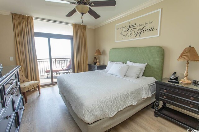 100 N Beach Blvd Unit 1902, North Myrtle Beach, SC 29582 - bedroom with ornamental molding, access to exterior, light wood finished floors, and a ceiling fan