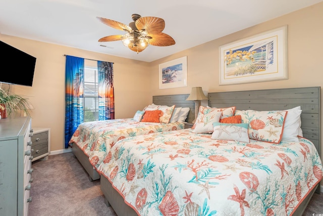 bedroom featuring carpet floors, baseboards, and ceiling fan