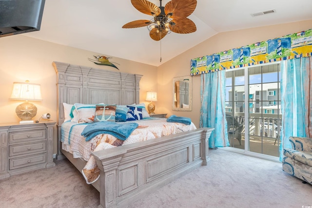 carpeted bedroom featuring vaulted ceiling, access to outside, and ceiling fan