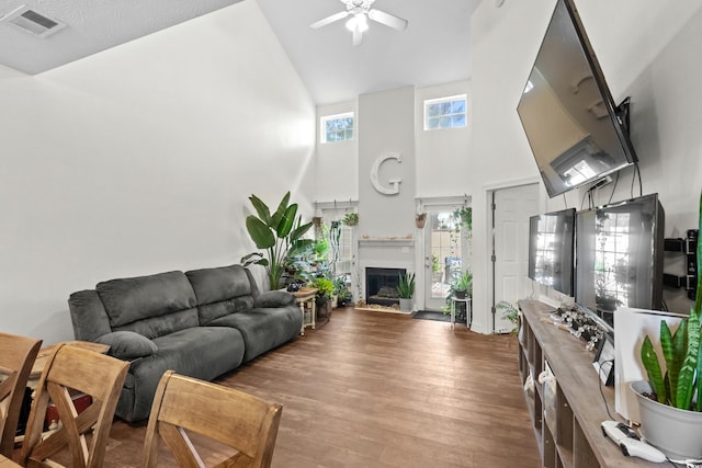 160 Cart Crossing Dr Unit 104, Conway, SC 29526 - living area with high vaulted ceiling, ceiling fan, wood finished floors, and a glass covered fireplace