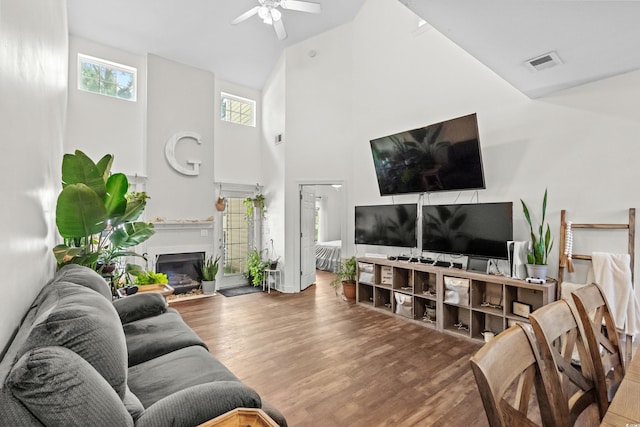 160 Cart Crossing Dr Unit 104, Conway, SC 29526 - living room with high vaulted ceiling, ceiling fan, wood finished floors, and a glass covered fireplace