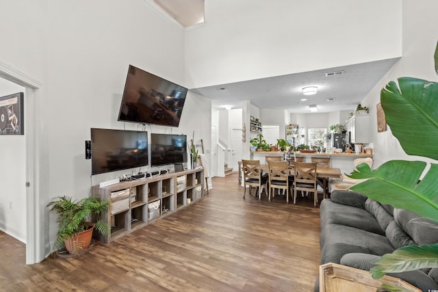 160 Cart Crossing Dr Unit 104, Conway, SC 29526 - living room featuring wood finished floors, a high ceiling, and baseboards