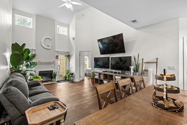 160 Cart Crossing Dr Unit 104, Conway, SC 29526 - living room with high vaulted ceiling, ceiling fan, a glass covered fireplace, and wood finished floors