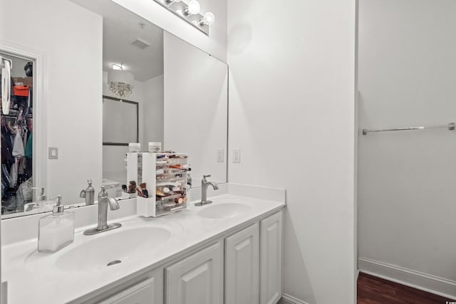 160 Cart Crossing Dr Unit 104, Conway, SC 29526 - bathroom with double vanity, a spacious closet, a shower, and wood finished floors