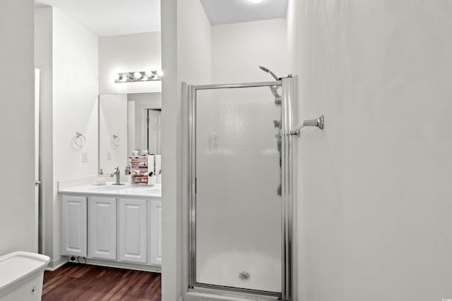 160 Cart Crossing Dr Unit 104, Conway, SC 29526 - bathroom featuring a stall shower, wood finished floors, and double vanity