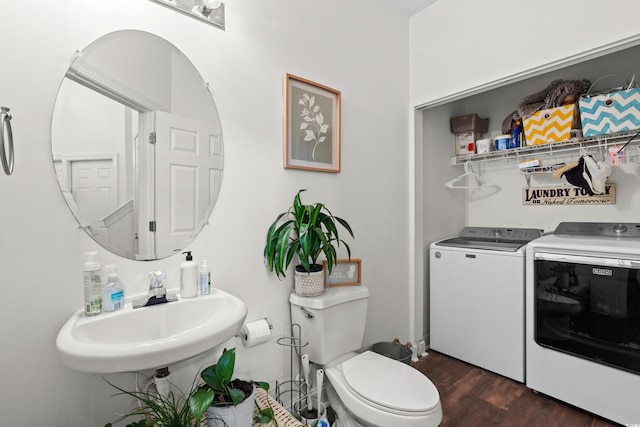 160 Cart Crossing Dr Unit 104, Conway, SC 29526 - bathroom featuring washing machine and clothes dryer, wood finished floors, toilet, and a sink