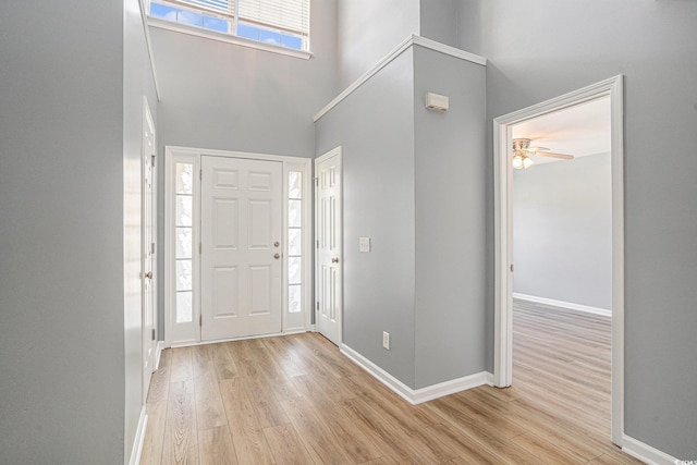 1196 Harvester Cir Unit 1196, Myrtle Beach, SC 29579 - foyer entrance featuring a high ceiling, light wood-type flooring, baseboards, and ceiling fan