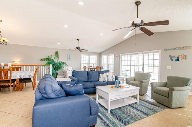 163 Cypress Ave, Murrells Inlet, SC 29576 - living room with ceiling fan, light tile patterned floors, lofted ceiling, recessed lighting, and a chandelier