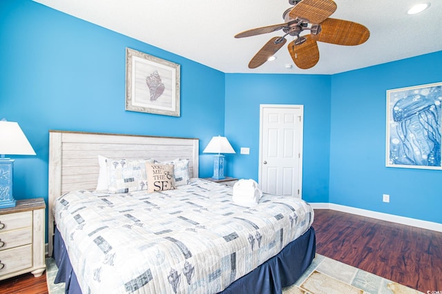 163 Cypress Ave, Murrells Inlet, SC 29576 - bedroom featuring dark wood-style floors, baseboards, recessed lighting, and a ceiling fan