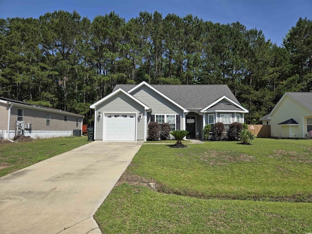 view of front facade featuring concrete driveway, an attached garage, a front lawn, and view of scattered trees