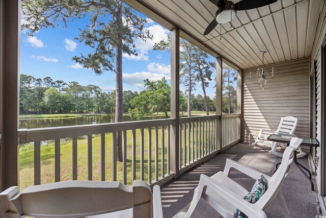 69 Pinehurst Ln Unit 3-F, Pawleys Island, SC 29585 - balcony with a ceiling fan, a water view, and view of wooded area