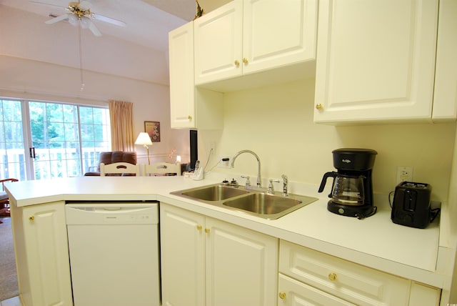 400 Lands End Blvd Unit 5304, Myrtle Beach, SC 29572 - kitchen with white dishwasher, a sink, a peninsula, a ceiling fan, and light countertops