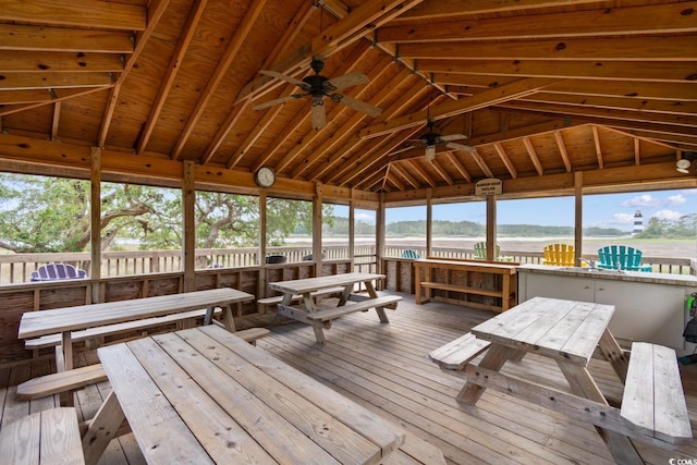4520 Coquina Harbour Dr Unit F-3, Little River, SC 29566 - sunroom / solarium featuring a ceiling fan, lofted ceiling, a deck, a sauna, and hardwood / wood-style floors