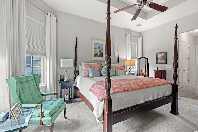 bedroom featuring carpet, a ceiling fan, and baseboards