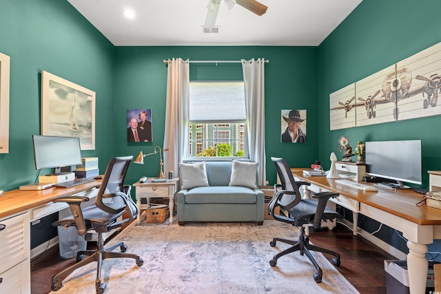 office space featuring ceiling fan and wood finished floors