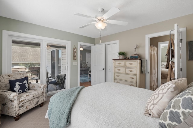 bedroom featuring access to exterior, ceiling fan, and a closet