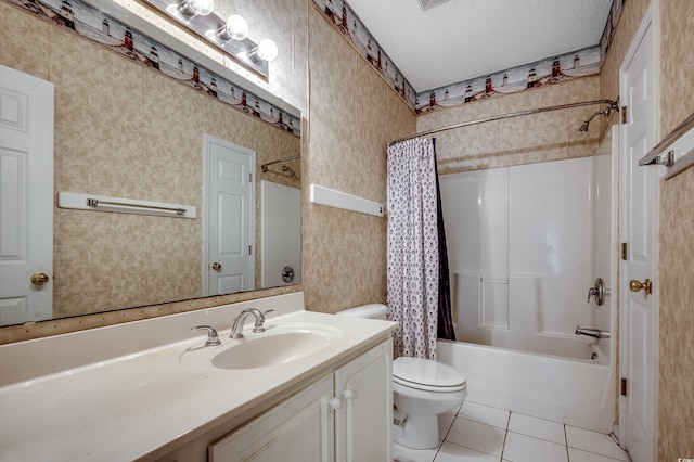 1058 Sea Mountain Hwy Unit 4-203, North Myrtle Beach, SC 29582 - bathroom featuring vanity, toilet, shower / tub combo, tile patterned flooring, and a textured ceiling