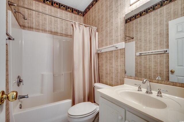1058 Sea Mountain Hwy Unit 4-203, North Myrtle Beach, SC 29582 - bathroom featuring wallpapered walls, shower / tub combo with curtain, toilet, and vanity