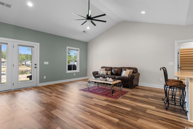 2505 Suzanne Dr, Conway, SC 29526 - living room featuring healthy amount of natural light, vaulted ceiling, ceiling fan, wood finished floors, and recessed lighting