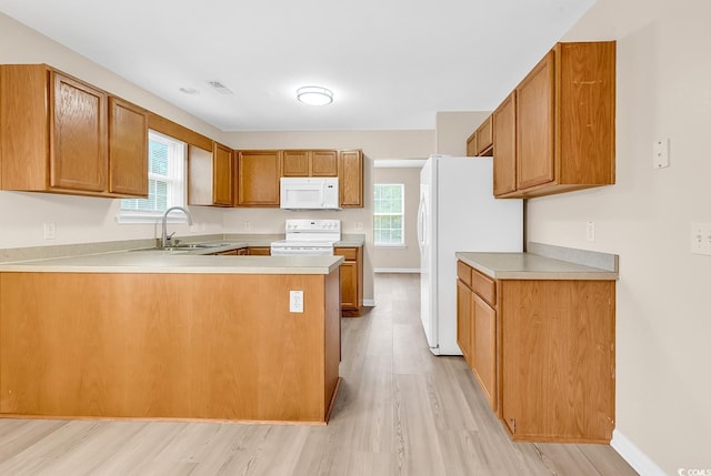 kitchen with white appliances, light wood-style floors, a peninsula, and healthy amount of natural light