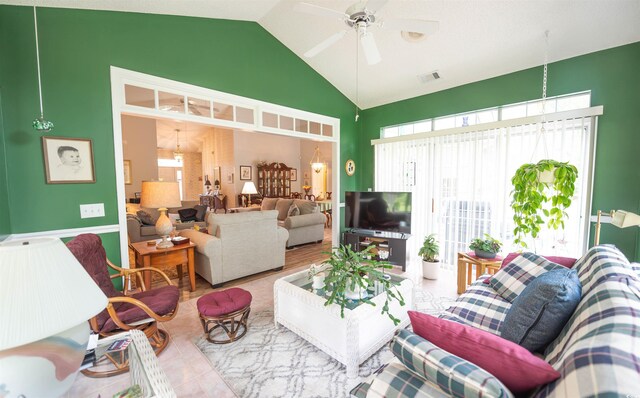 170 Glenwood Dr, Conway, SC 29526 - living room featuring healthy amount of natural light, a ceiling fan, and high vaulted ceiling