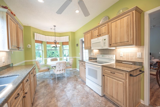 170 Glenwood Dr, Conway, SC 29526 - kitchen featuring white appliances, ceiling fan, backsplash, stone countertops, and recessed lighting