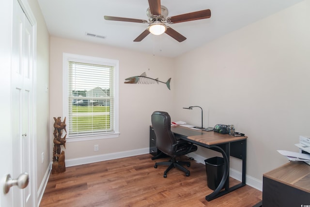 office with wood finished floors, baseboards, and ceiling fan