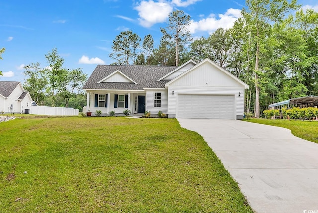 view of front of house featuring an attached garage, roof with shingles, concrete driveway, board and batten siding, and covered porch