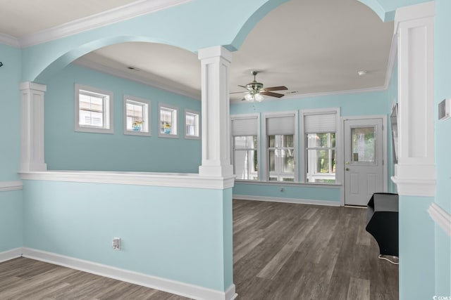 6244 Catalina Dr Unit 511, North Myrtle Beach, SC 29582 - spare room featuring decorative columns, ceiling fan, wood finished floors, ornamental molding, and baseboards