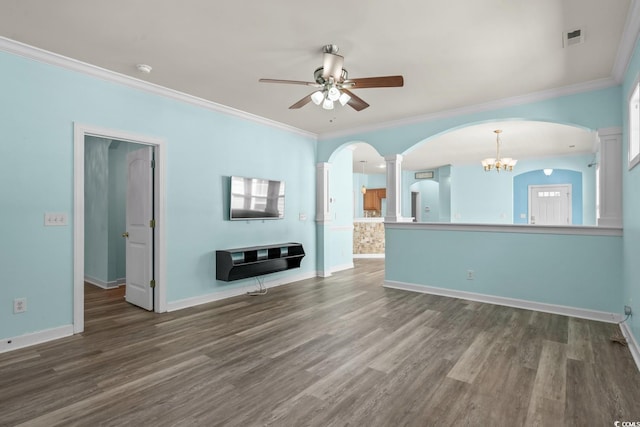 6244 Catalina Dr Unit 511, North Myrtle Beach, SC 29582 - unfurnished living room featuring ornate columns, arched walkways, a ceiling fan, crown molding, and wood finished floors