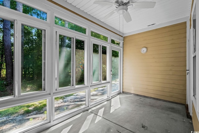 6244 Catalina Dr Unit 511, North Myrtle Beach, SC 29582 - unfurnished sunroom with ceiling fan, wooden walls, and concrete floors