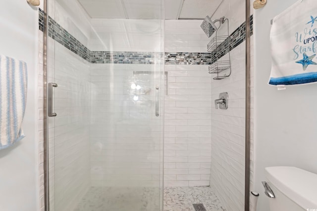 bathroom with a stall shower and toilet