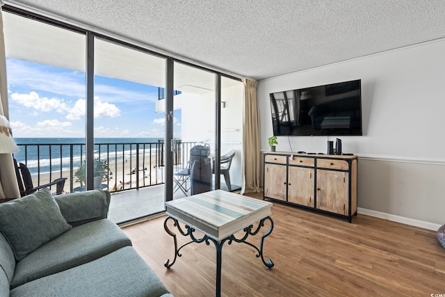 living room featuring baseboards, wood finished floors, a textured ceiling, and floor to ceiling windows