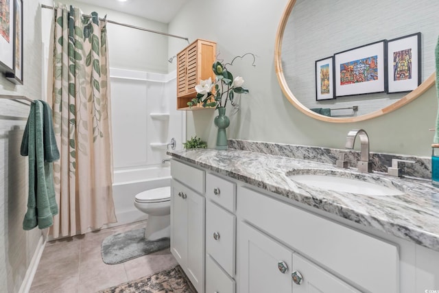 bathroom with vanity, tile patterned floors, shower / bath combo, and toilet