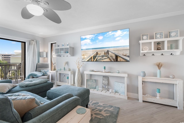 307 74th Ave N Unit 3C, Myrtle Beach, SC 29572 - living room featuring ornamental molding, wood finished floors, ceiling fan, and baseboards