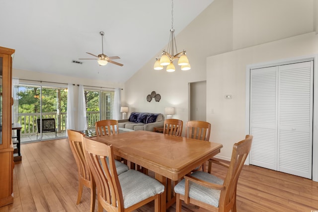4940 Windsor Green Way Unit 301, Myrtle Beach, SC 29579 - dining area with high vaulted ceiling, light wood-type flooring, ceiling fan, and a chandelier