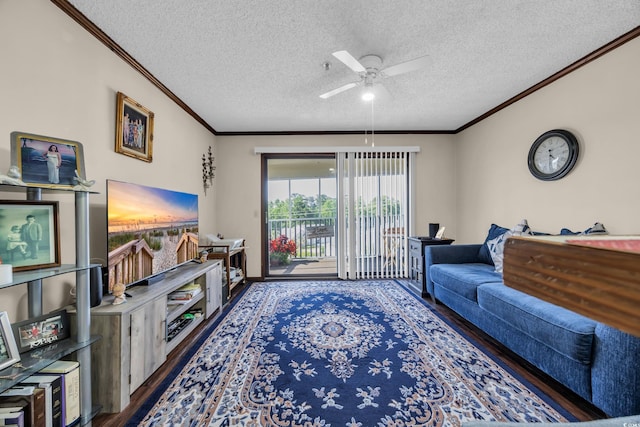 4350 Intercoastal Dr Unit 2402, Little River, SC 29566 - living area with a textured ceiling, crown molding, wood finished floors, and a ceiling fan