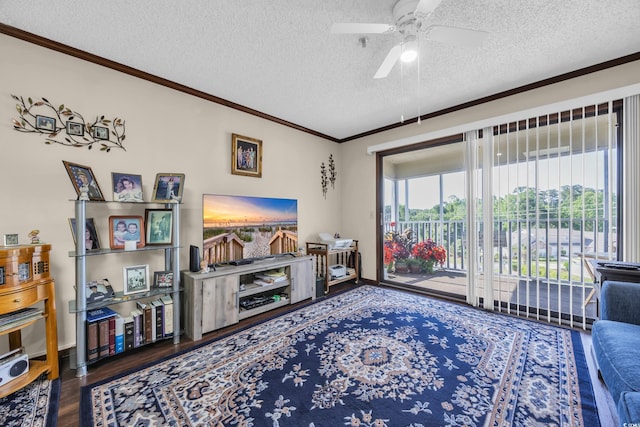 4350 Intercoastal Dr Unit 2402, Little River, SC 29566 - living area with a textured ceiling, wood finished floors, crown molding, and a ceiling fan