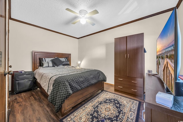 4350 Intercoastal Dr Unit 2402, Little River, SC 29566 - bedroom featuring dark wood finished floors, ornamental molding, a textured ceiling, and ceiling fan
